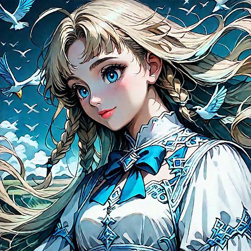 Digital anime-style portrait of a blonde girl with blue eyes, braided hair, white blouse with blue bow, surrounded by flying birds. Bright, vivid