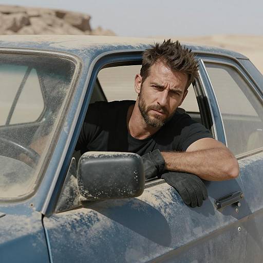 Man Leaning Out of Dusty Car in Desert