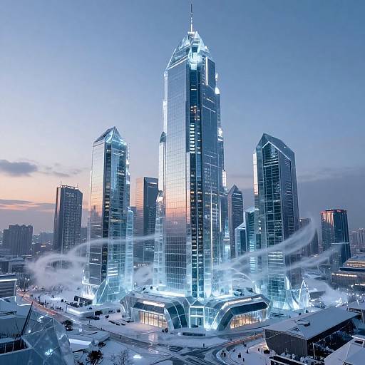 Photograph of a futuristic, illuminated skyscraper complex in a snowy city at dusk, with blue and orange sky, and glowing lights.