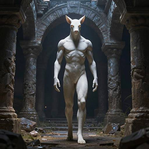 Anthropomorphic White Canine Figure in Ancient Ruins
