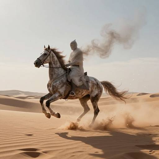 Photograph of a silhouetted rider on a rearing, gray-spotted horse in a sunlit, sandy desert, with smoke trailing from