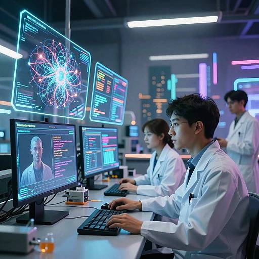Photograph of five Asian scientists in white lab coats working in a high-tech lab with glowing blue and neon screens displaying complex data and a 3D