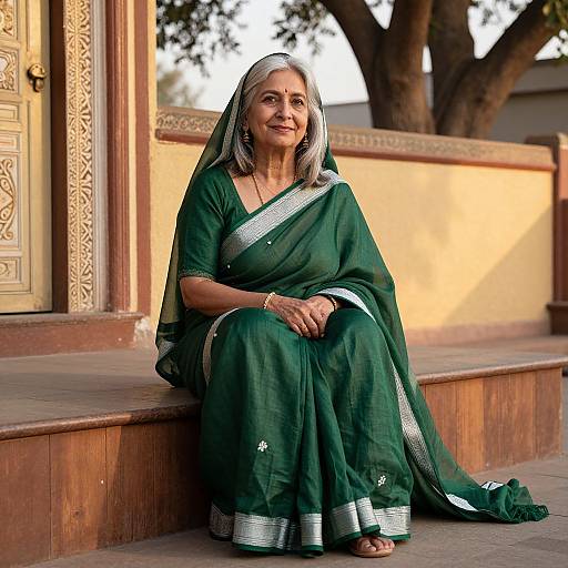 Photograph of an elderly Indian woman with gray hair, wearing a green saree with silver trim, sitting on stone steps in front of a decorative building