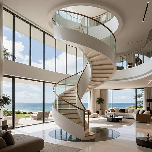 Photograph of a modern, two-story living room with a white spiral glass staircase, large floor-to-ceiling windows, ocean view, and sleek furnishings