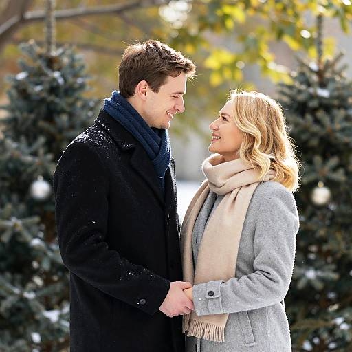 Photograph of a smiling Caucasian couple standing outdoors in winter, holding hands, wearing black and gray coats with beige scarves, surrounded by snow-covered ever