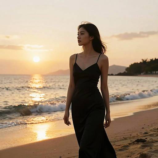 Elegant Woman at Serene Beach Sunset