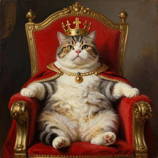 Digital painting of a regal, fluffy tabby cat with a gold crown and ornate red velvet throne, wearing a white and gold royal robe.