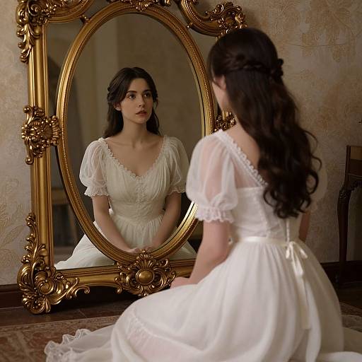 Photograph of a brunette woman with long, wavy hair, wearing a white, sheer, Victorian-style dress, sitting before an ornate, gold
