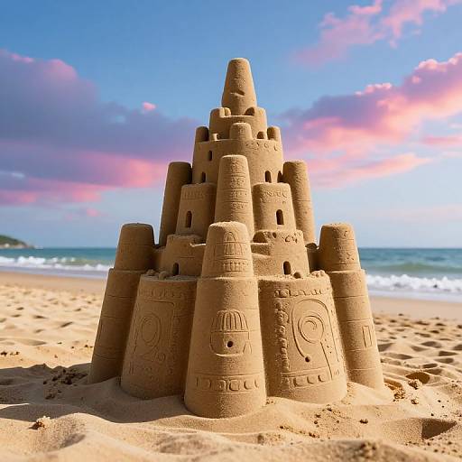 Photograph of a detailed sandcastle with conical towers, circular patterns, and small windows on a sunny beach with pink and blue sky.
