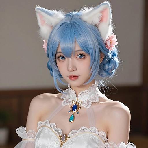 Fantasy Anime Woman with Blue Hair and Cat Ears