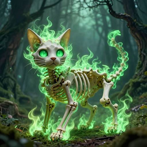 Digital artwork of a glowing, skeletal cat with vibrant green eyes and flames surrounding its body in a dark, misty forest.