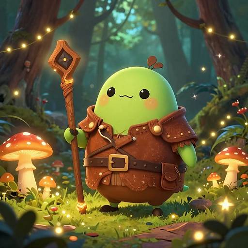 Cute, green, round creature in brown adventurer outfit holds staff, standing in enchanted forest with glowing mushrooms and fireflies. Digital art.