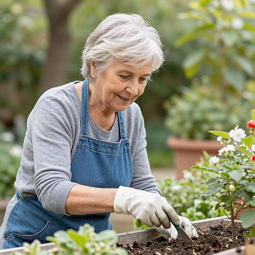 Photograph of an elderly woman with short gray hair, wearing a gray sweater and blue apron, gardening in a lush, green garden, smiling while