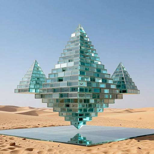 Digital CGI of a futuristic glass pyramid tree with geometric, mirrored blocks in a desert with clear blue sky.