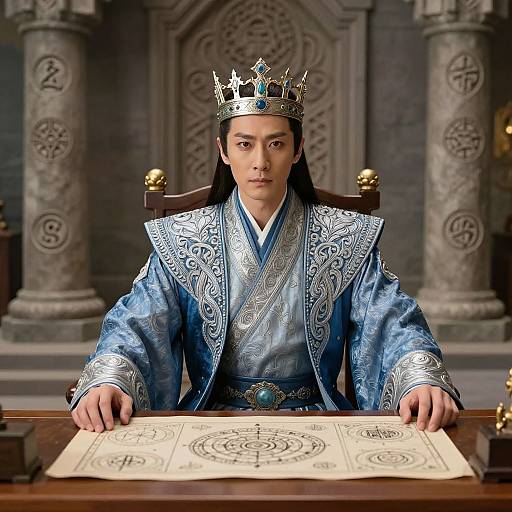 Photograph of an East Asian man in ornate blue royal robes, silver crown, and intricate patterns, sitting at a wooden table with ancient parchment,