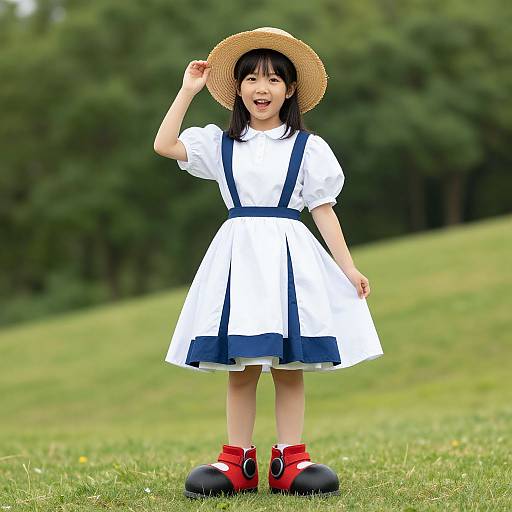 Photograph of an Asian girl in a white dress with blue trim, red shoes, and a straw hat, smiling on a grassy field with trees