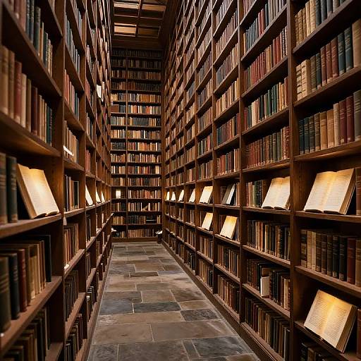 Photograph of a narrow, dimly-lit library aisle, flanked by towering wooden bookshelves filled with colorful, leather-bound books, illuminated
