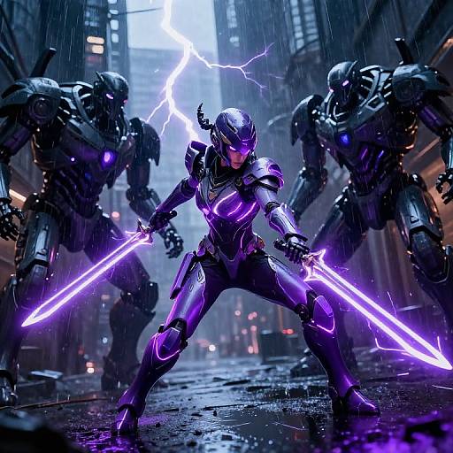Digital CGI of a glowing purple-armored warrior with dual neon swords facing two robotic enemies in a rainy, lightning-filled city street.
