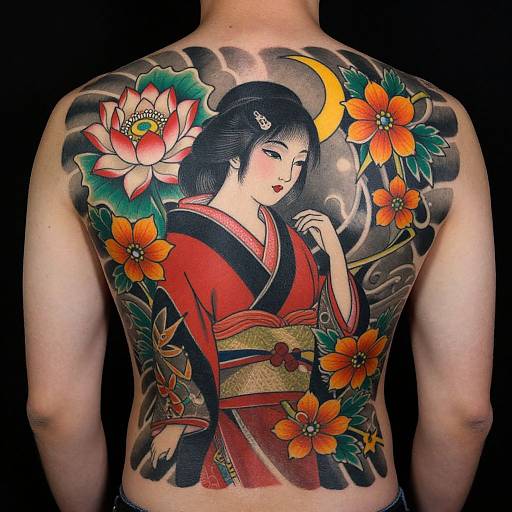 Colorful tattoo of traditional Japanese woman in red kimono, surrounded by flowers and moon, on muscular back, against black background.