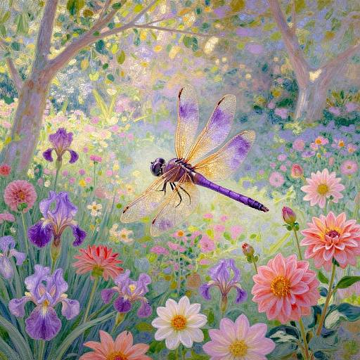 Vibrant digital painting of a purple dragonfly with translucent wings hovering over a colorful, sunlit garden filled with pink, purple, and white flowers