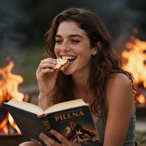 Cinematic Portrait of Happy Woman by Campfire