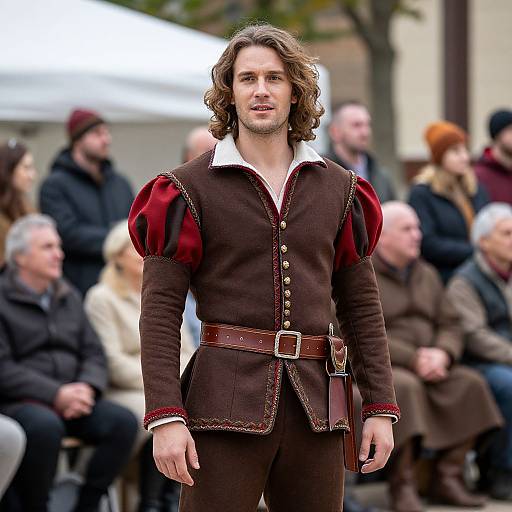 Photograph of a handsome man with wavy brown hair, wearing a brown Renaissance-style outfit with red velvet puffed sleeves, brown belt, and white