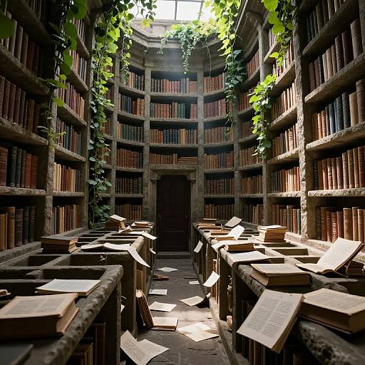 Photograph of a sunlit, circular library with tall, wooden bookshelves filled with books, vines hanging down, and scattered open books on stone