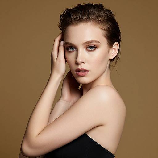 Photograph of a fair-skinned, blue-eyed woman with wet, dark brown hair, wearing a black strapless top, touching her hair, against