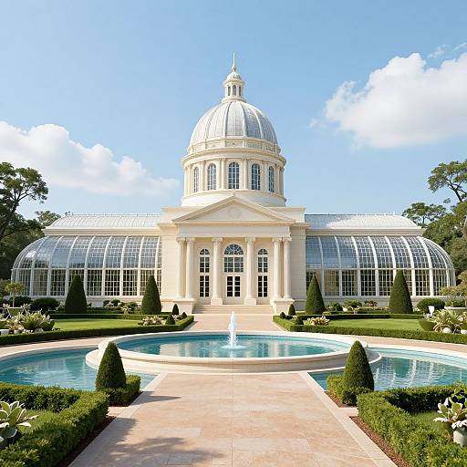 Photograph of a grand, neoclassical greenhouse with a silver dome, large arched windows, and a central blue fountain, surrounded by manic