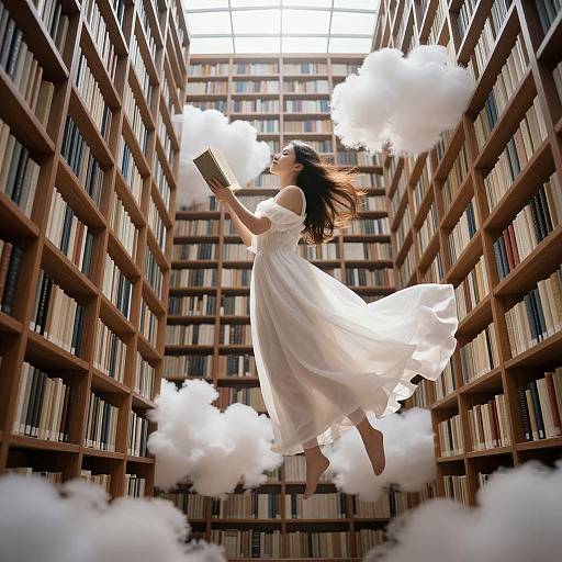 Photograph of a woman in a flowing white dress, floating among fluffy clouds, amidst towering bookshelves in a sunlit library.