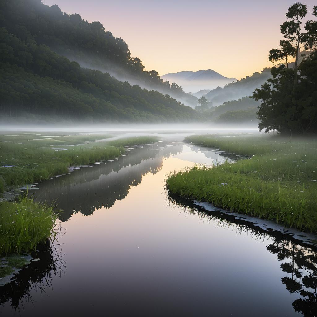 Peaceful Rippling Creek Valley at Dawn