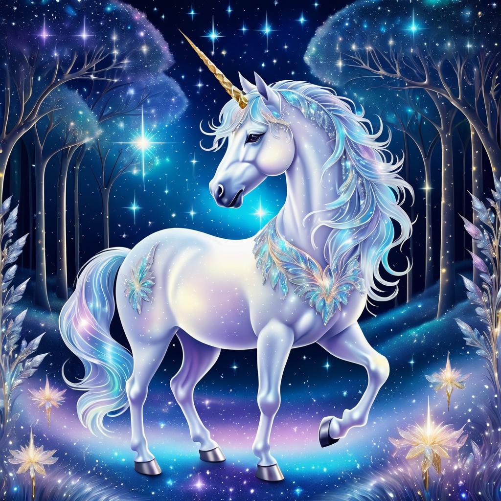 Magical Crystal Unicorn Under Starlit Sky