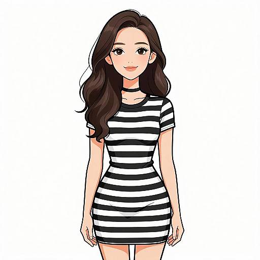 Digital anime-style drawing of a smiling young woman with long dark brown hair, wearing a black and white striped short dress.