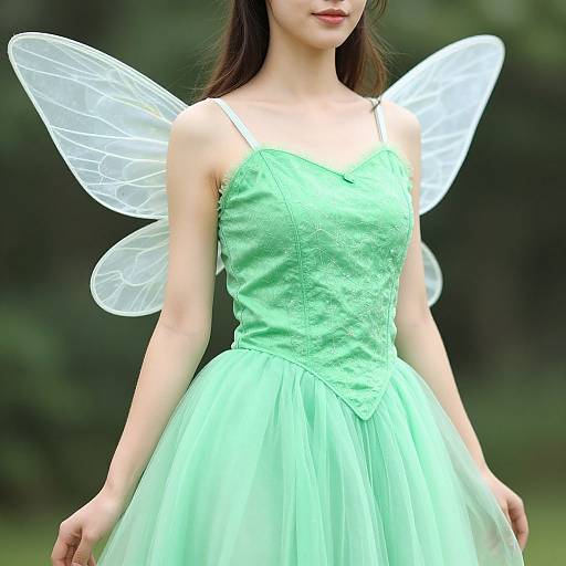 Photograph of a young woman with fair skin, wearing a light green, lace-embroidered dress and translucent, white fairy wings, standing outdoors