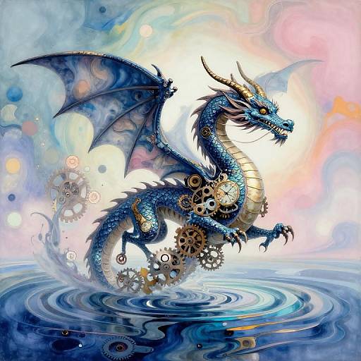 Digital fantasy artwork of a blue dragon with golden gears and wings, leaping from rippling water, surrounded by colorful bokeh lights.