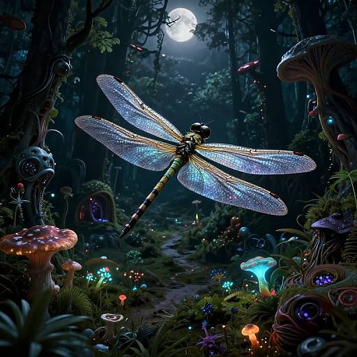 Digital fantasy artwork of a glowing, detailed dragonfly with iridescent wings in a dark, magical forest illuminated by glowing mushrooms and bioluminescent
