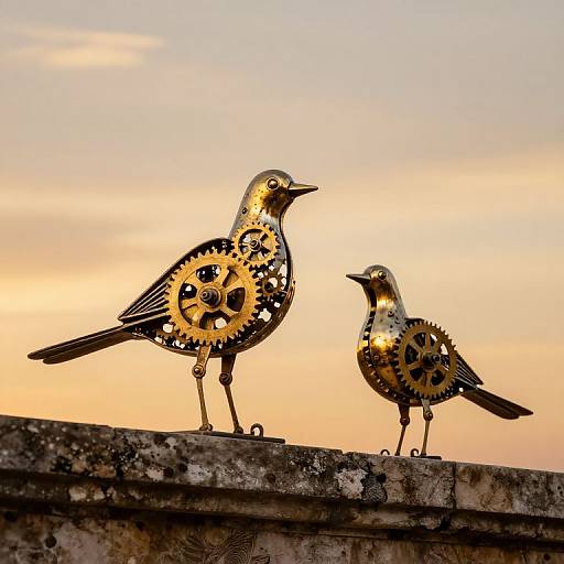 Photograph of two metallic birds with yellow and black gear patterns, standing on a weathered rooftop against a sunset sky.