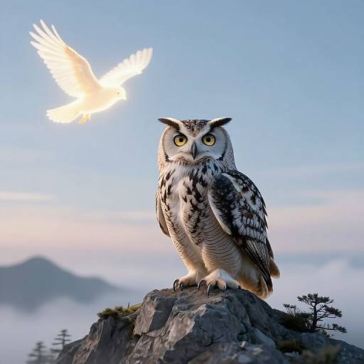 Photorealistic image of a majestic owl with striking yellow eyes perched on a rocky peak, looking up at a glowing white bird in flight against a