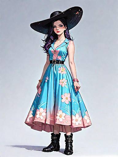 Woman in Blue Floral Maxi Dress with Black Hat
