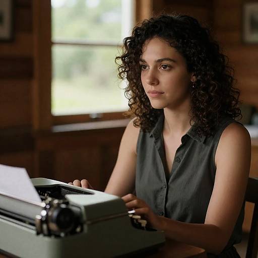 Curly-Haired Woman at Vintage Typewriter