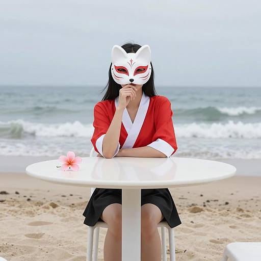Mystical Woman with Fox Mask at Beach