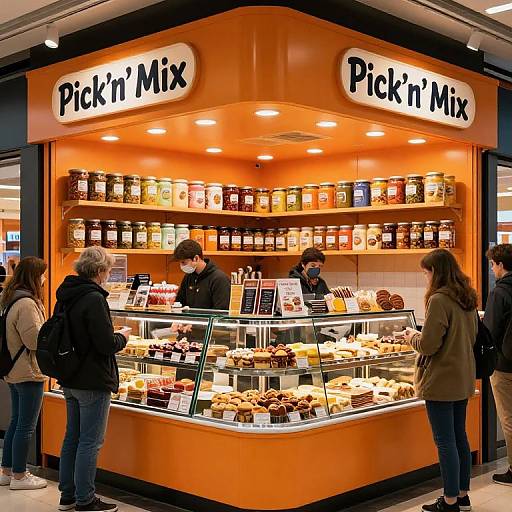 Photograph of a brightly lit, orange Pick'n'Mix candy shop with glass display cases full of assorted sweets, surrounded by four customers in casual clothes