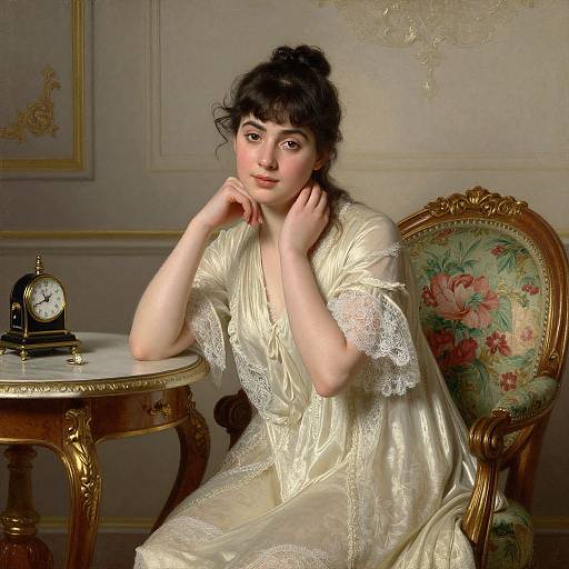 Vintage photograph of a young woman with pale skin, dark hair, and delicate features, wearing a white lace dress, sitting by an ornate floral chair