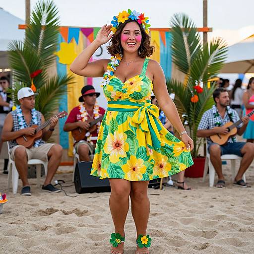 Photograph of a smiling woman in a yellow floral dress and flower crown, standing on a sandy beach with musicians in the background. Vibrant, colorful