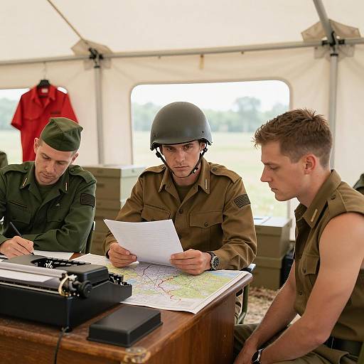 Three Military Men in a Tent Setting