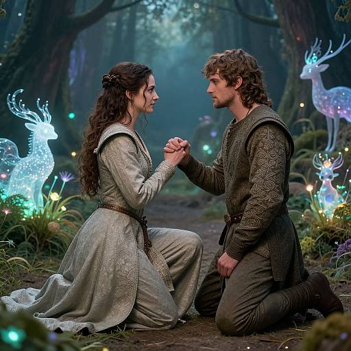 Photograph-like fantasy scene: curly-haired couple kneels in enchanted forest, holding hands, wearing medieval attire, surrounded by glowing, ethereal deer.