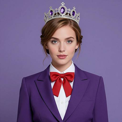 Photograph of a young woman with fair skin, blue eyes, and brown hair in a bun, wearing a silver tiara, purple suit, white