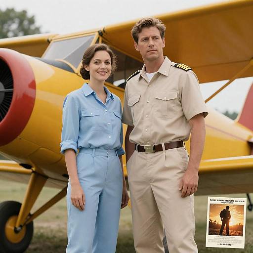 Pilot and Woman Standing Beside Vintage Airplane
