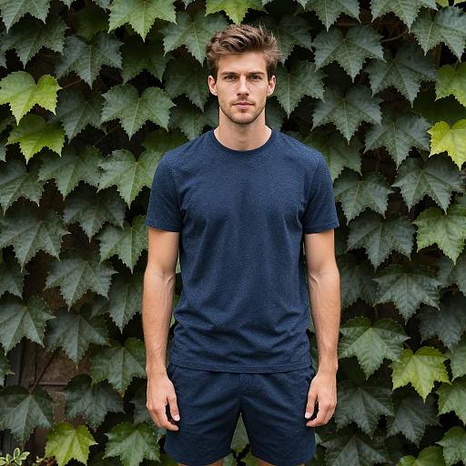 Young Man in Blue Clothing Against Ivy Wall