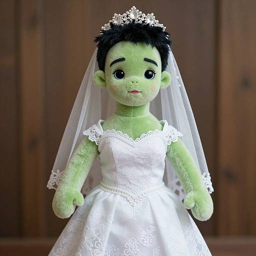 Photograph of a green-skinned baby doll wearing a white lace wedding dress, veil, and tiara, with black hair and large, black eyes